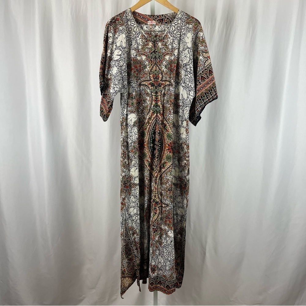 Boho Flare Sleeve Large Print Thailand Maxi Dress Cover Up Vacation Island